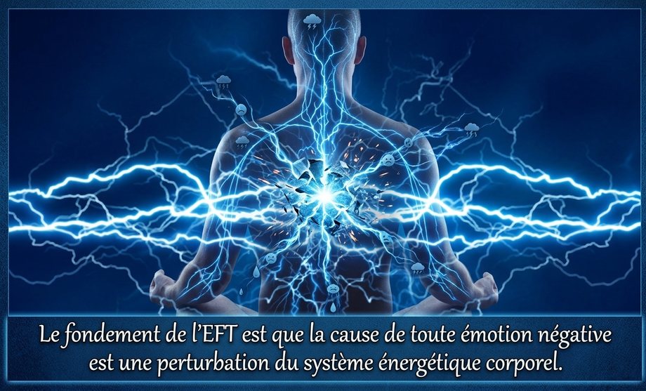 Illustration&nbsp;: une silhouette assise, traversée d'arcs électriques bleus, avec la mention «&nbsp;le fondement de l'E.F.T. est que la cause de toute émotion négative est une perturbation du système énergétique corporel&nbsp;».